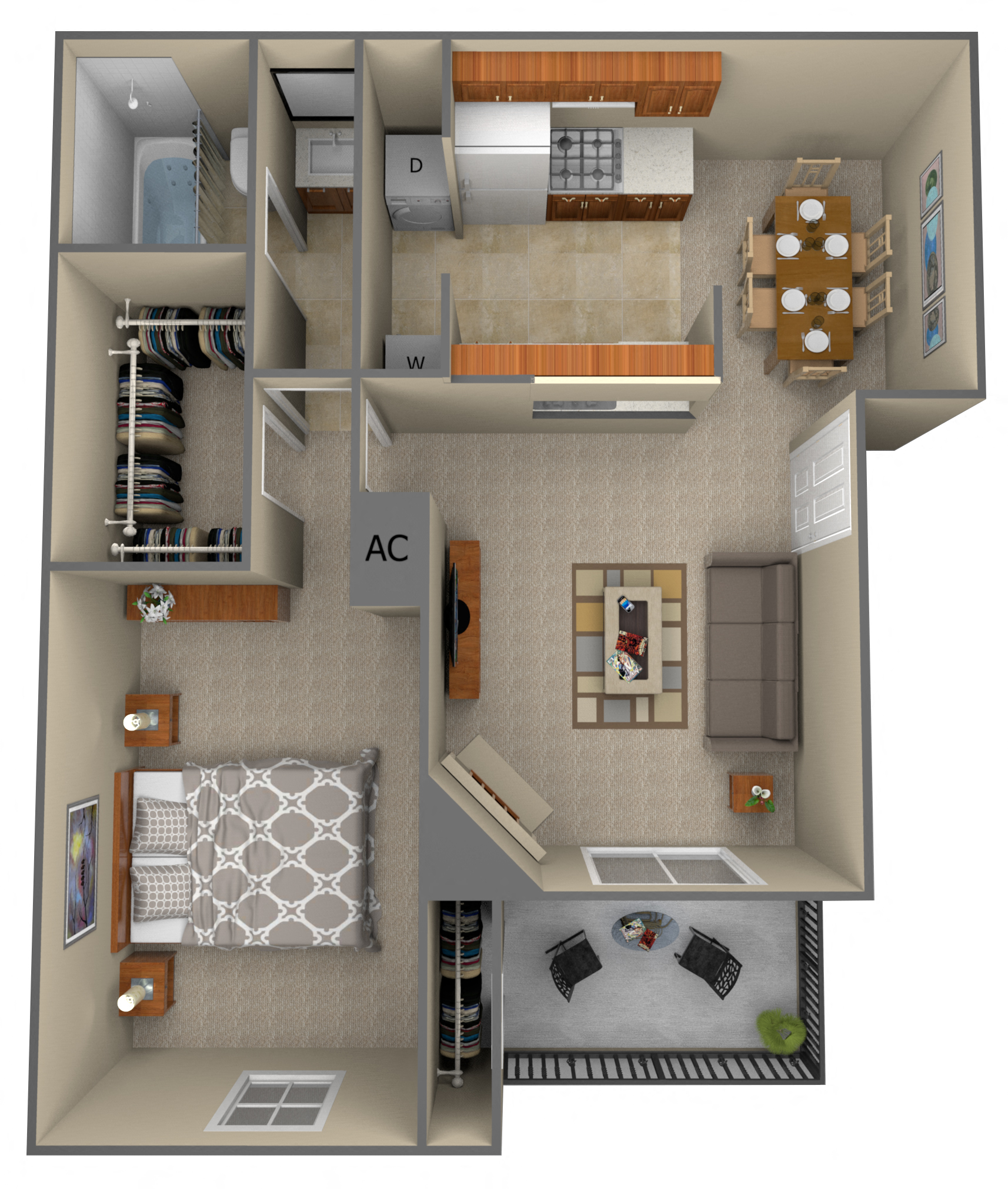 Floor plan for 1 bed, 1 bath, 683 sqft