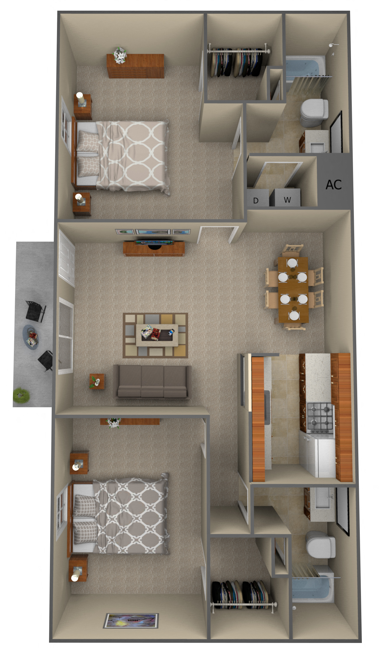 Floor plan for 2 beds, 2 baths, 960 sqft