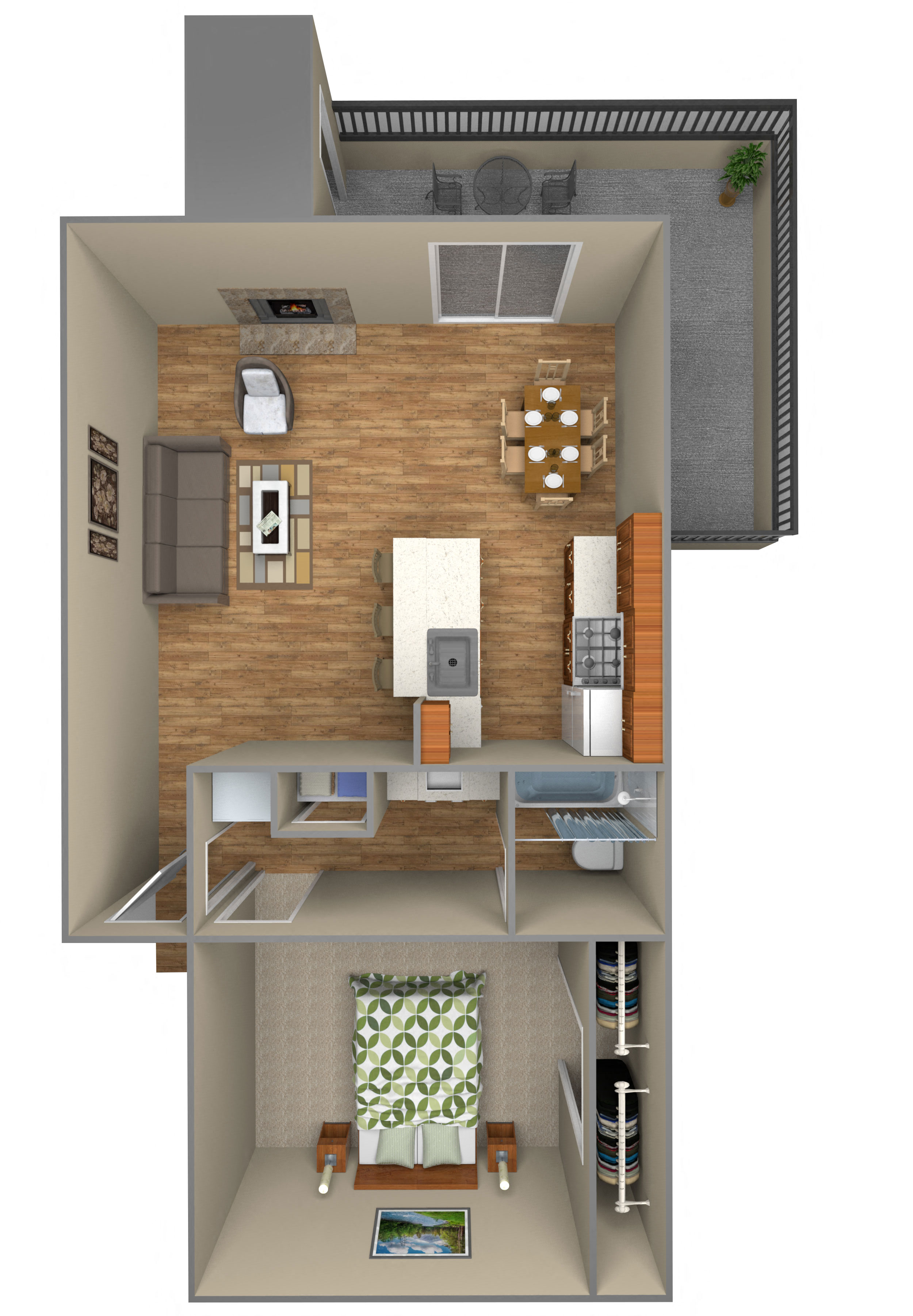 Floor plan for 1 bed, 1 bath, 670 sqft
