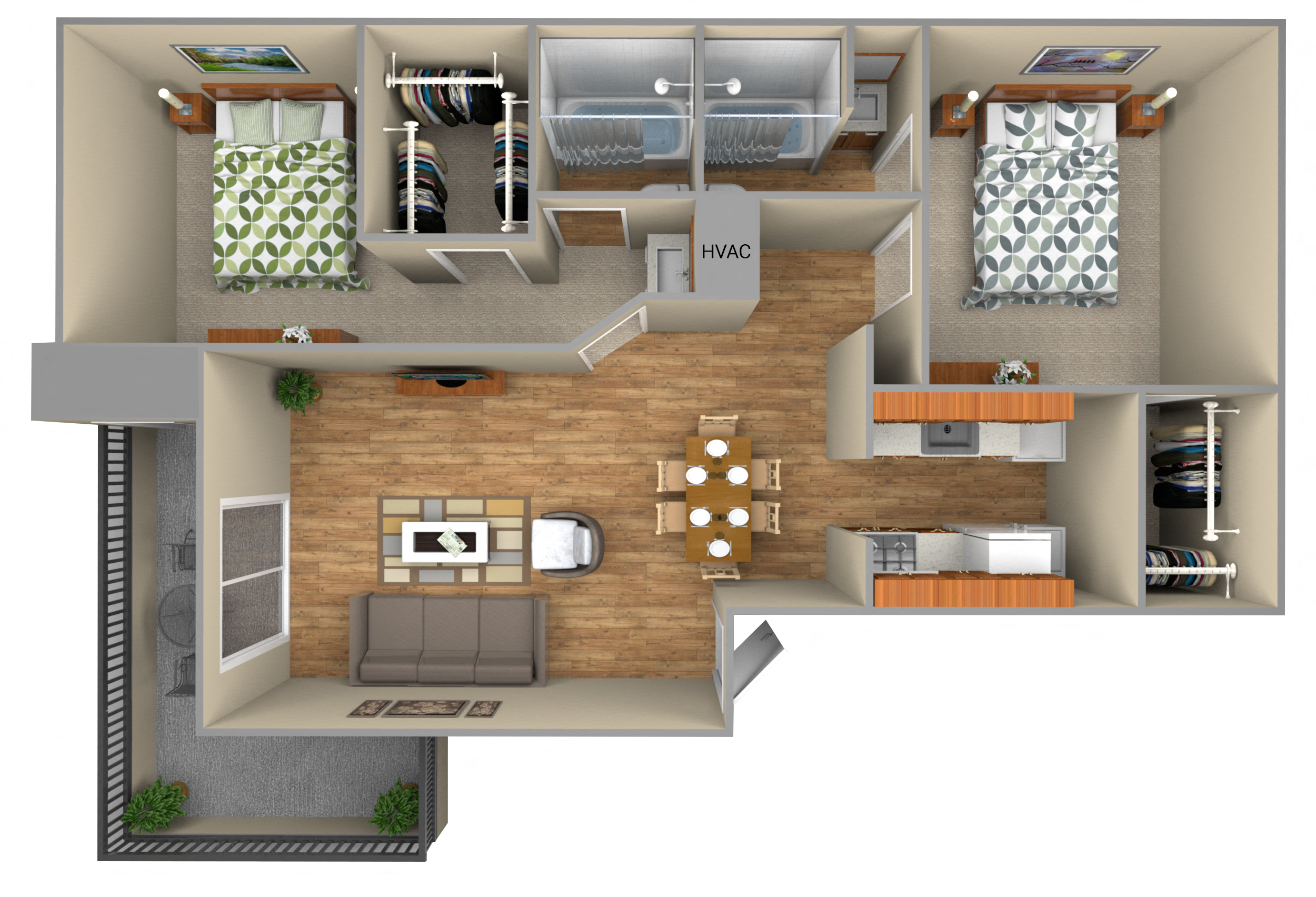 Floor plan for 2 beds, 2 baths, 1000 sqft