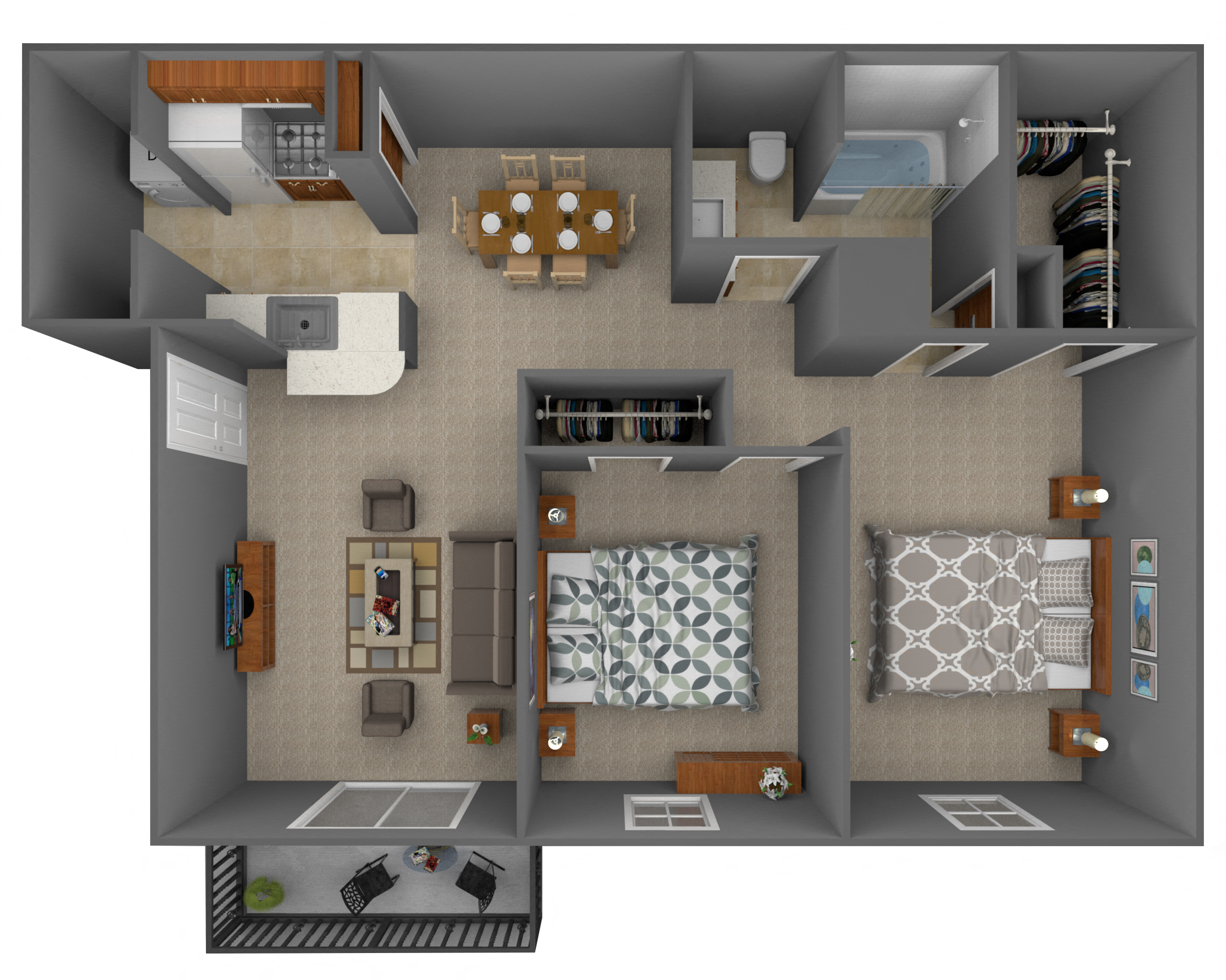 Floor plan for 2 beds, 1 bath, 857 sqft