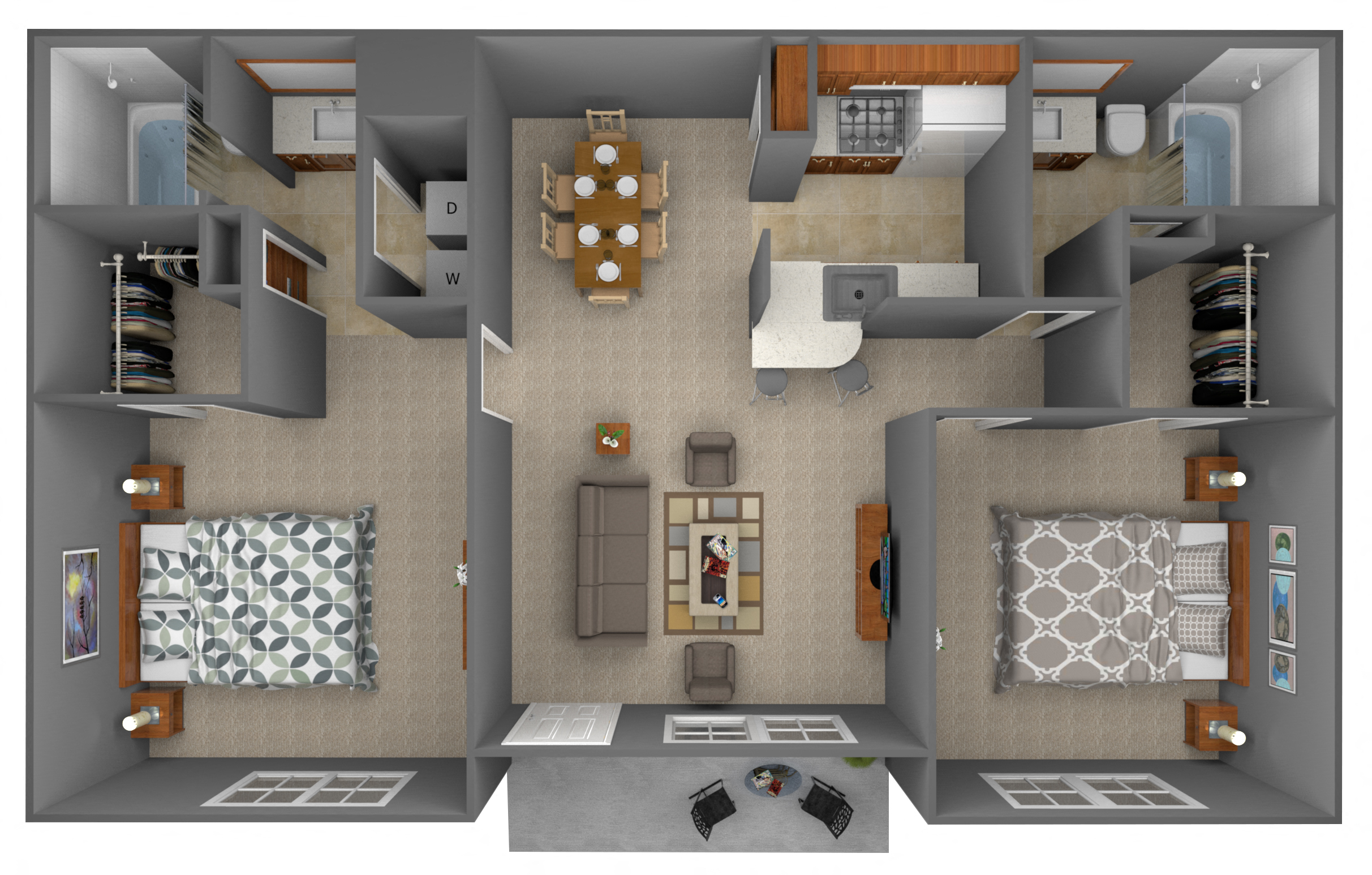 Floor plan for 2 beds, 2 baths, 950 sqft