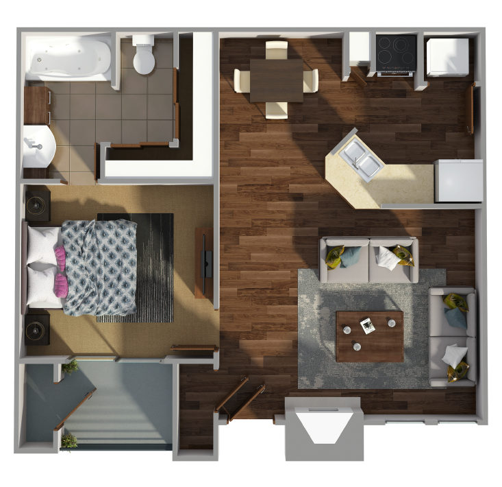 Floor plan for 1 bed, 1 bath, 569 sqft