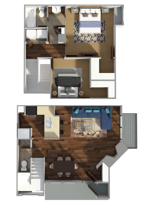 Floor plan for 2 beds, 1.5 baths, 929 sqft
