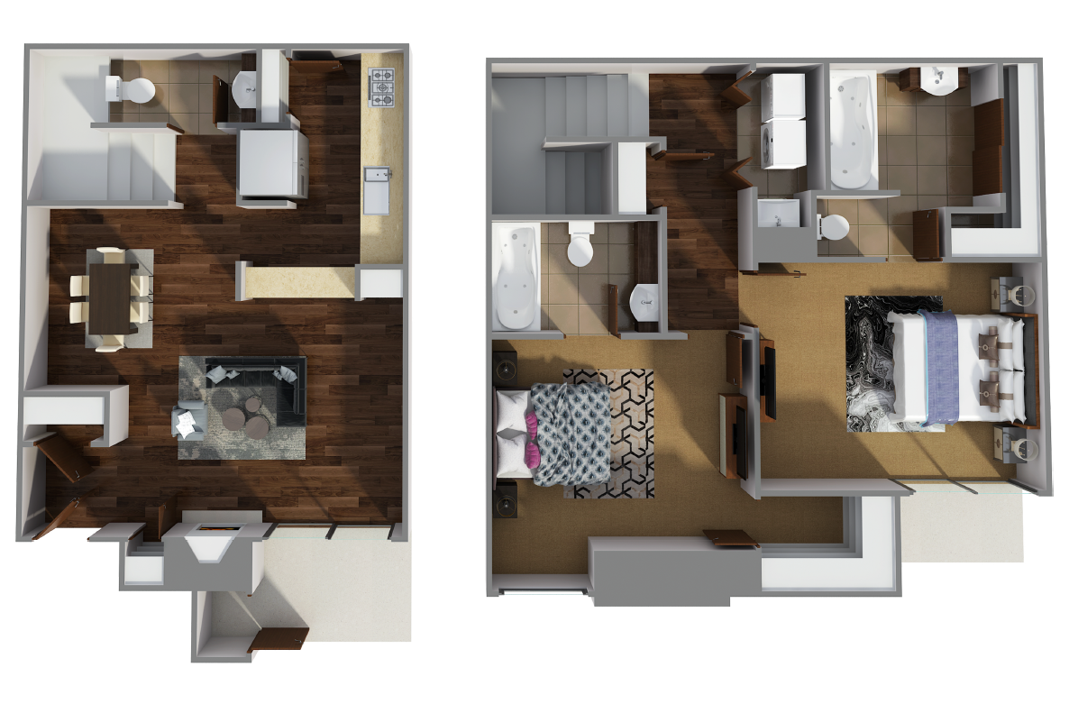 Floor plan for 2 beds, 2.5 baths, 905 sqft