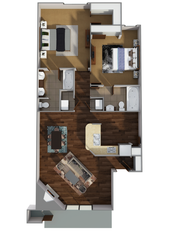 Floor plan for 2 beds, 2 baths, 1028 sqft