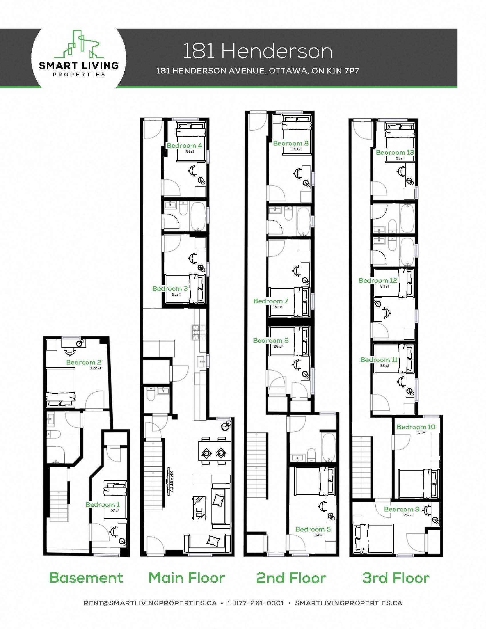 Floor plan for 13 beds, 6.5 baths, 2992 sqft