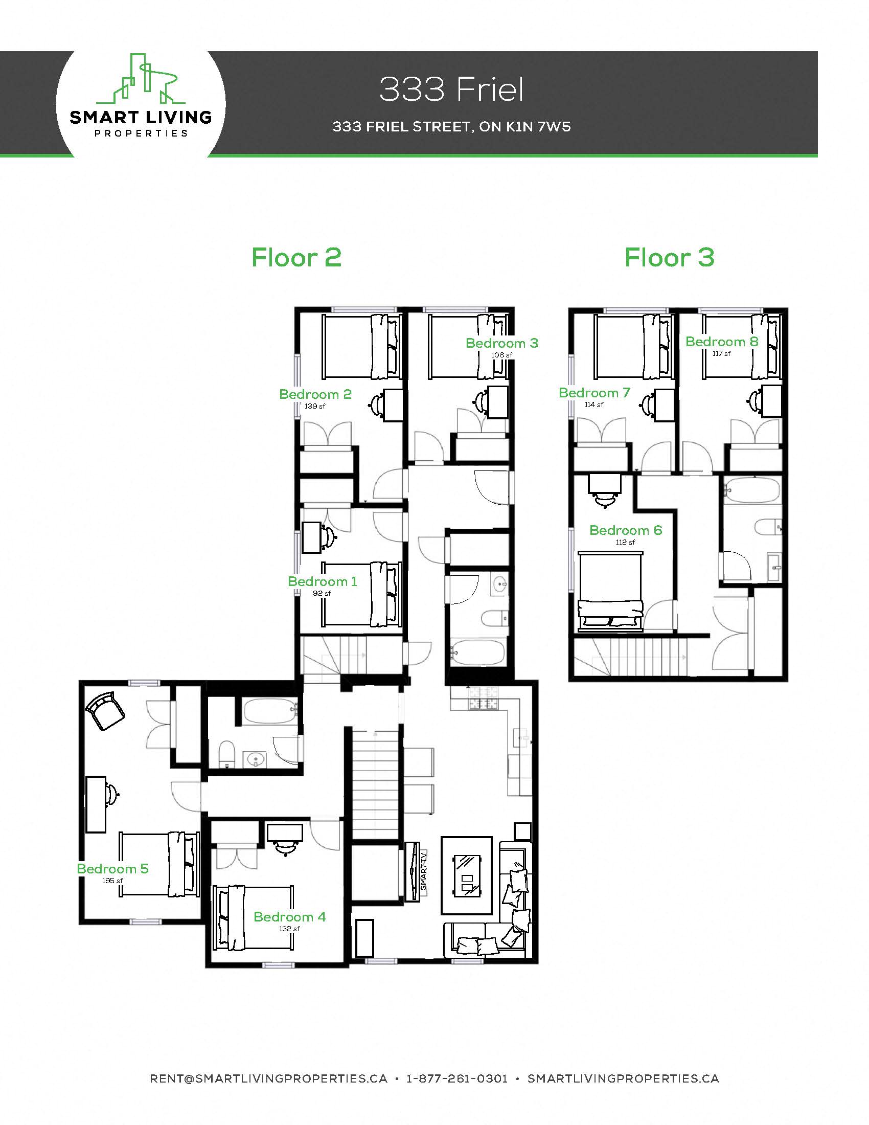 Floor plan for 8 beds, 3 baths