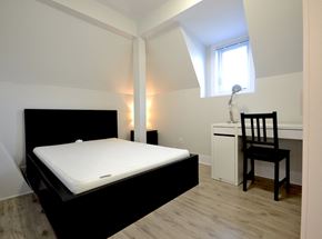 Ottawa apartment for rent - a bedroom with a bed and a desk and a window