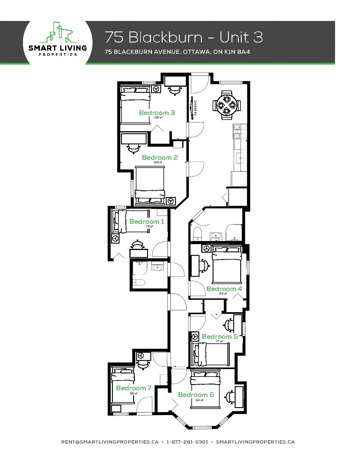 Floor plan for 7 beds, 2 baths, 1056 sqft