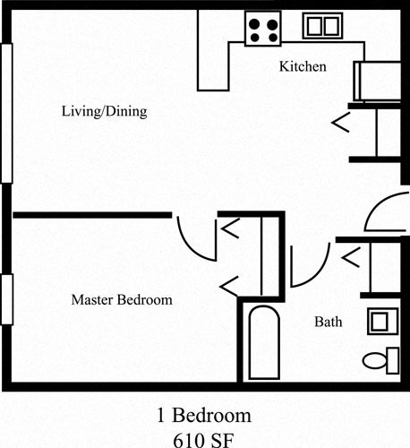 Floor plan for 1 bed, 1 bath, 610 sqft