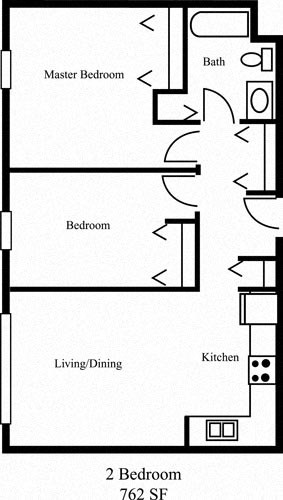 Floor plan for 2 beds, 1 bath, 762 sqft