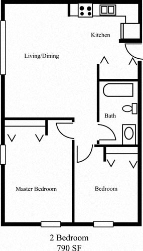 Floor plan for 2 beds, 1 bath, 790 sqft