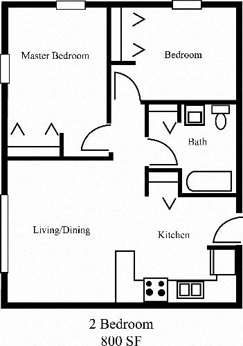 Floor plan for 2 beds, 1 bath, 800 sqft
