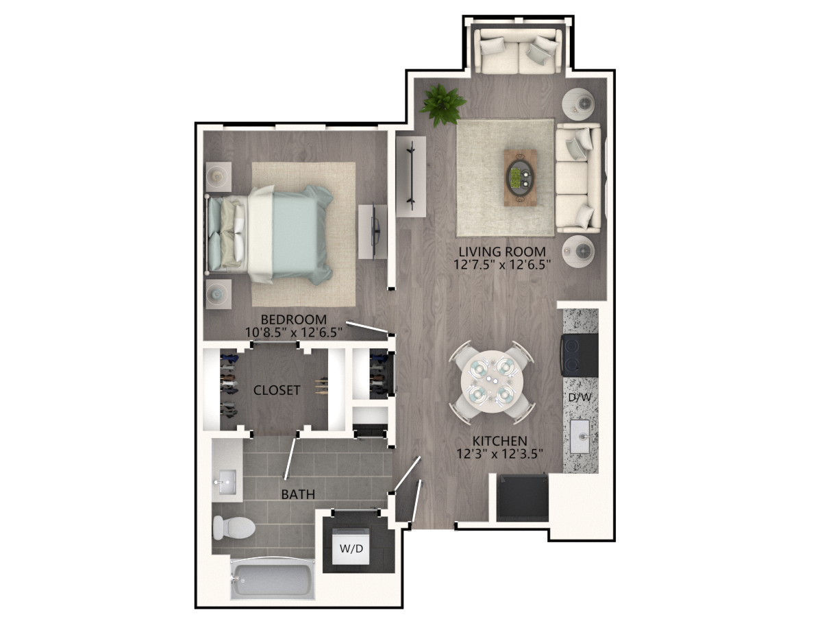 Floor plan for 1 bed, 1 bath, 611 sqft