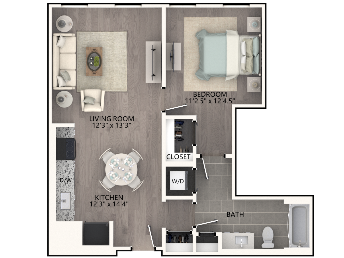 Floor plan for 1 bed, 1 bath, 665 sqft