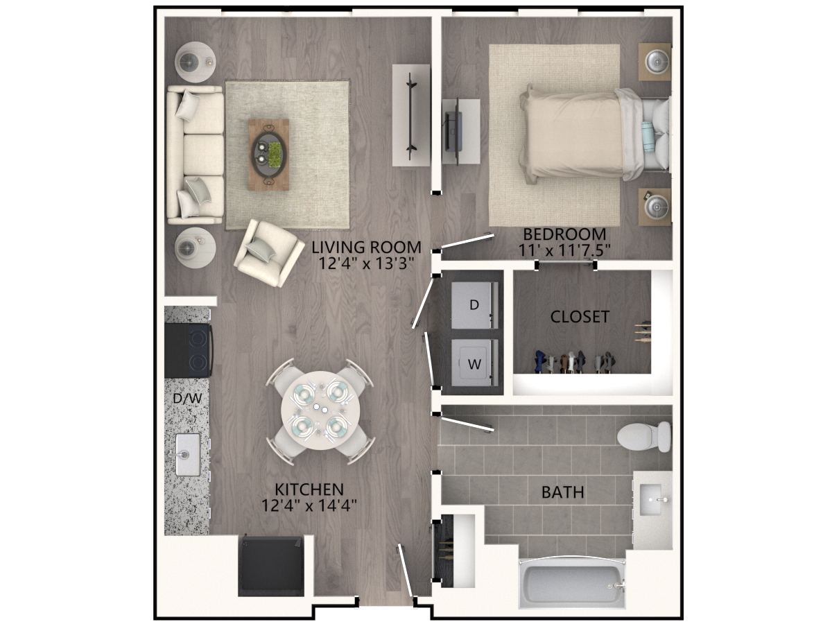 Floor plan for 1 bed, 1 bath, 627 sqft