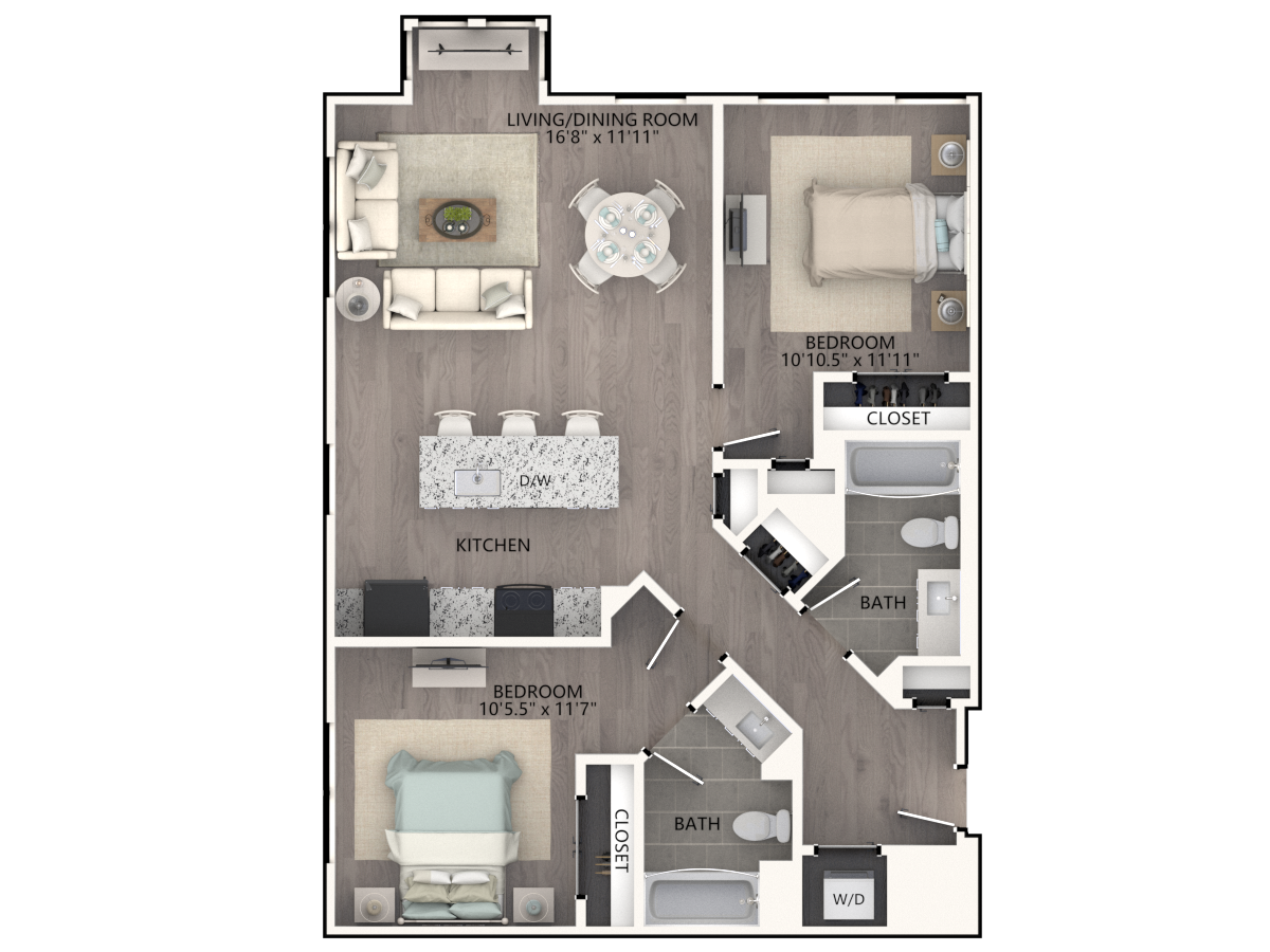 Floor plan for 2 beds, 2 baths, 945 sqft