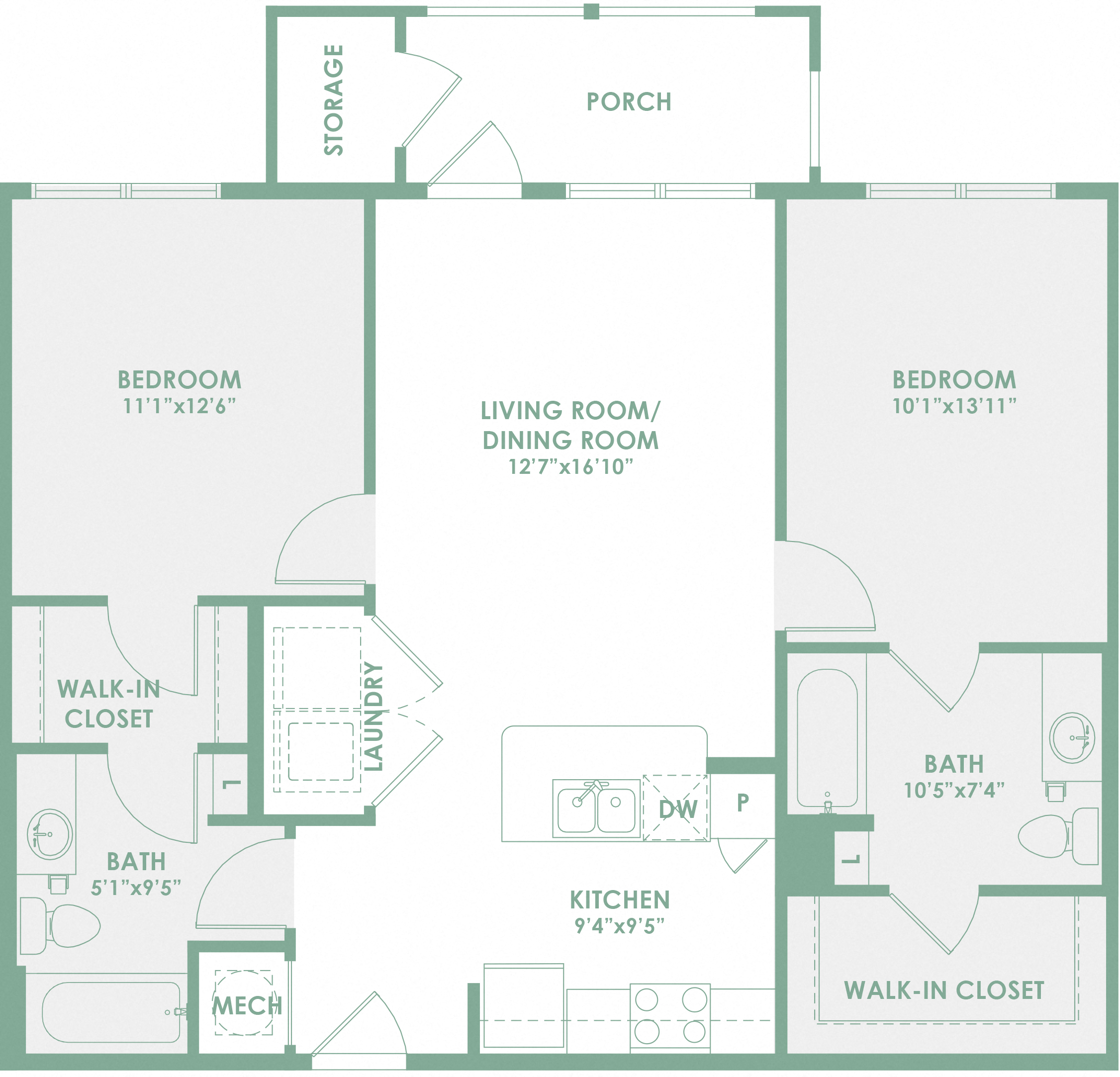 Floor plan for 2 beds, 2 baths, 978 sqft