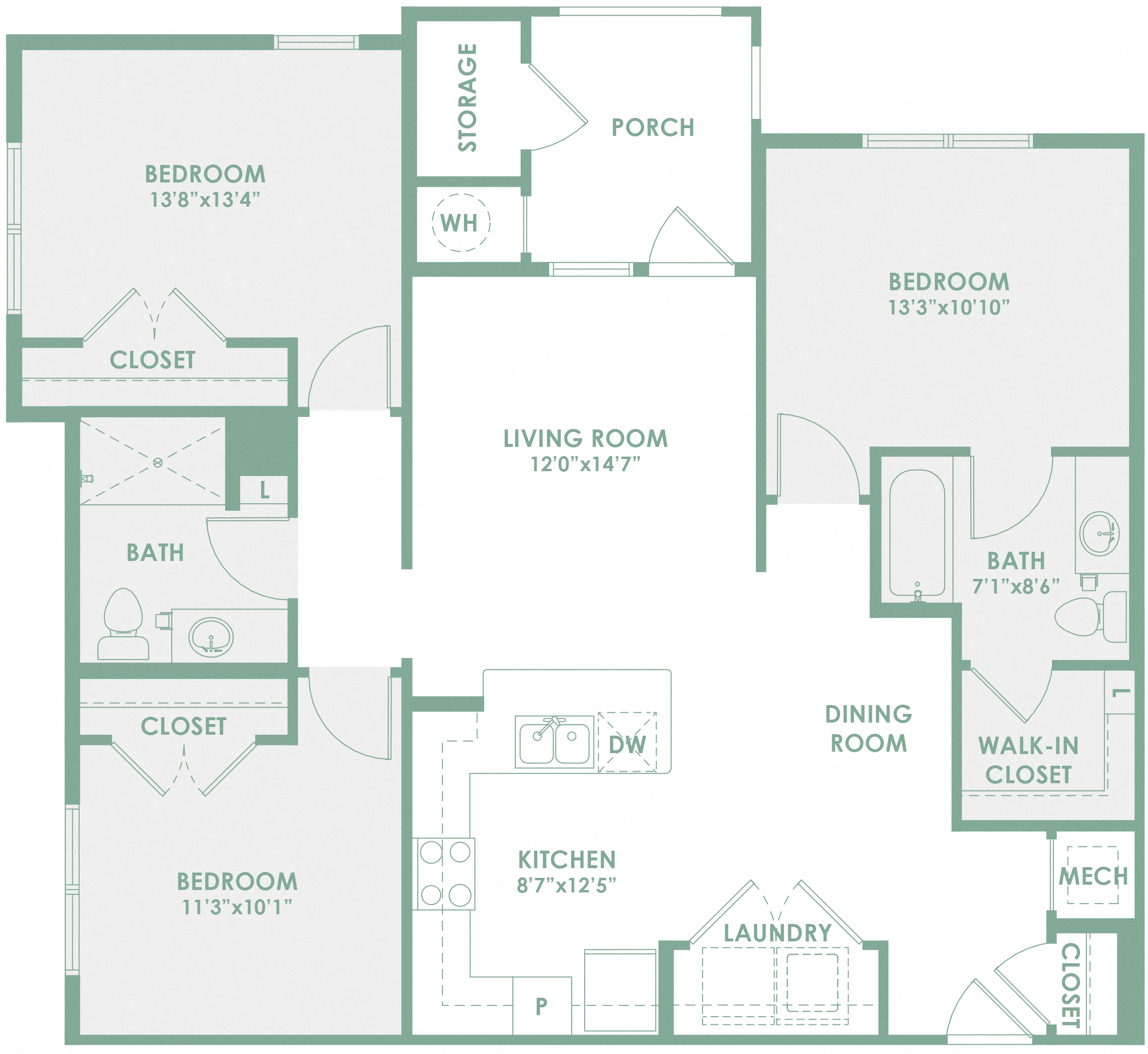 Floor plan for 3 beds, 2 baths, 1207 sqft