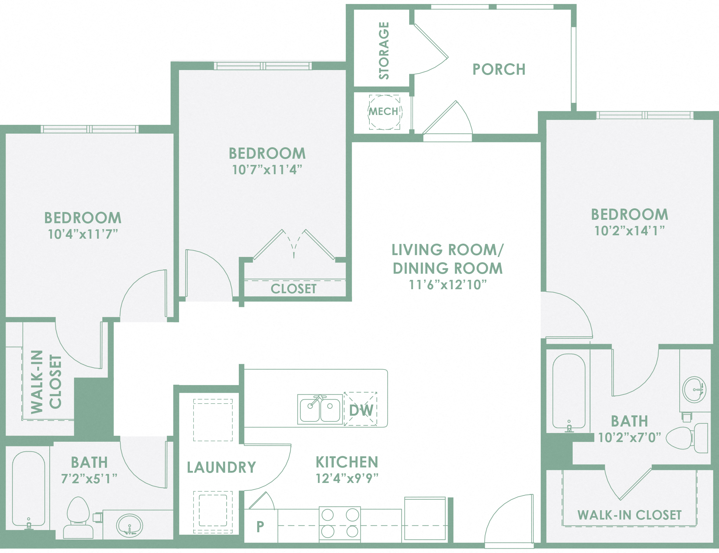 Floor plan for 3 beds, 2 baths, 1166 sqft