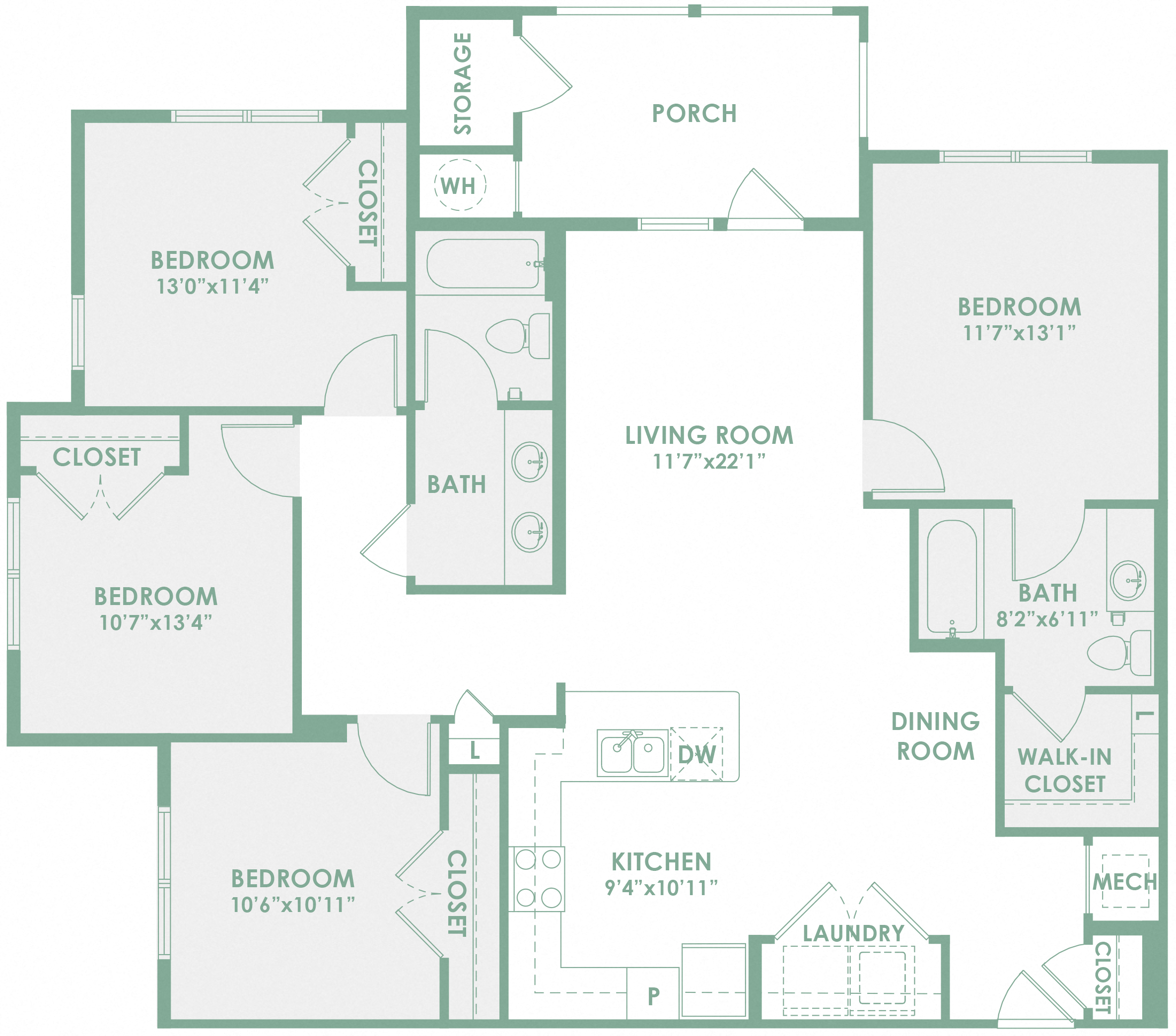 Floor plan for 4 beds, 2 baths, 1431 sqft