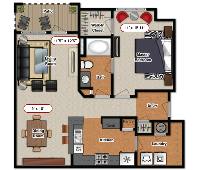 Floor plan for 1 bed, 1 bath, 842 sqft