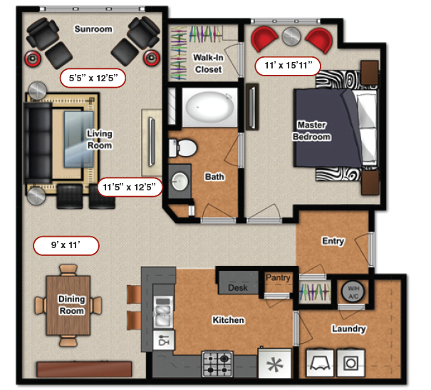 Floor plan for 1 bed, 1 bath, 907 sqft