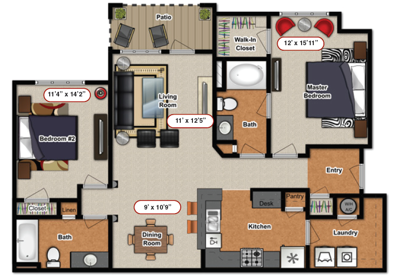 Floor plan for 2 beds, 2 baths, 1084 sqft