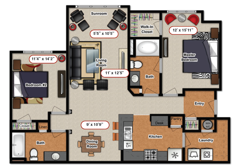 Floor plan for 2 beds, 2 baths, 1150 sqft