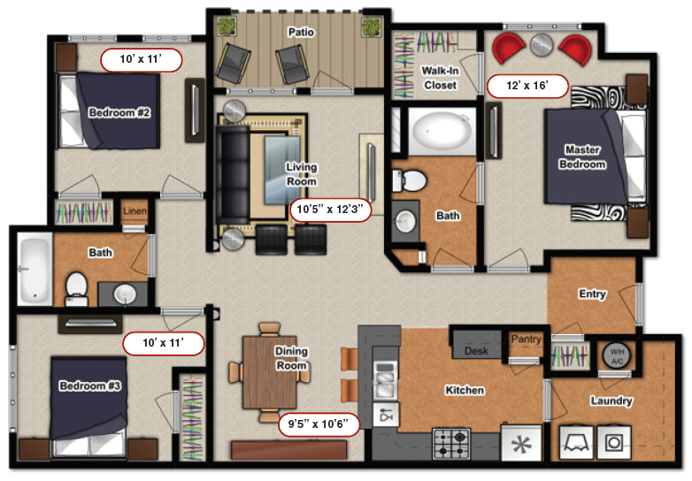 Floor plan for 3 beds, 2 baths, 1198 sqft