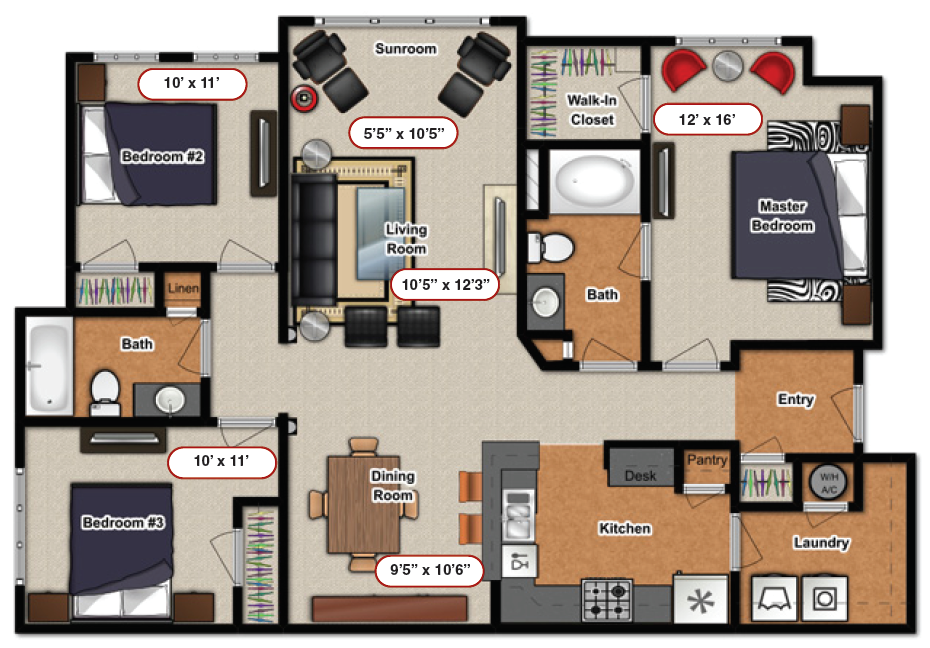 Floor plan for 3 beds, 2 baths, 1264 sqft