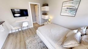 Ottawa apartment for rent - a bedroom with a bed and a desk and a television