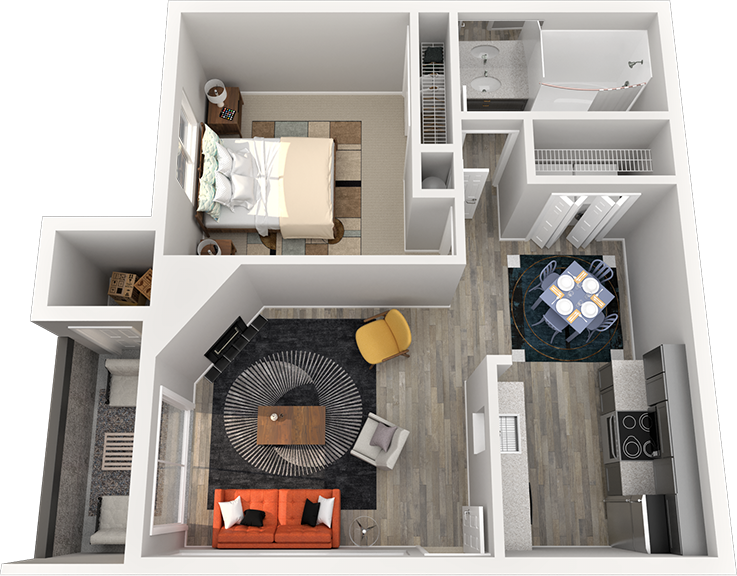 Floor plan for 1 bed, 1 bath, 668 sqft