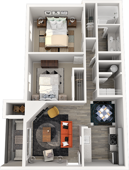 Floor plan for 2 beds, 1 bath, 869 sqft