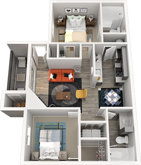 Floor plan for 2 beds, 2 baths, 922 sqft