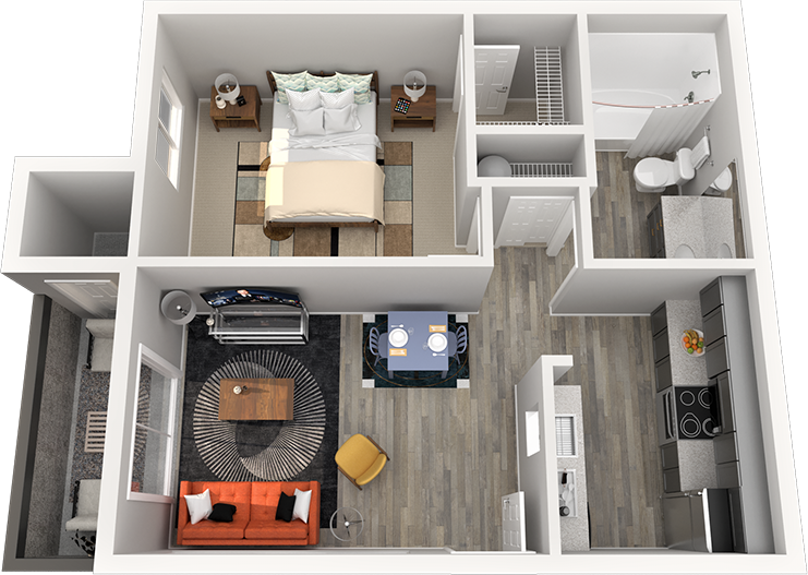 Floor plan for 1 bed, 1 bath, 560 sqft