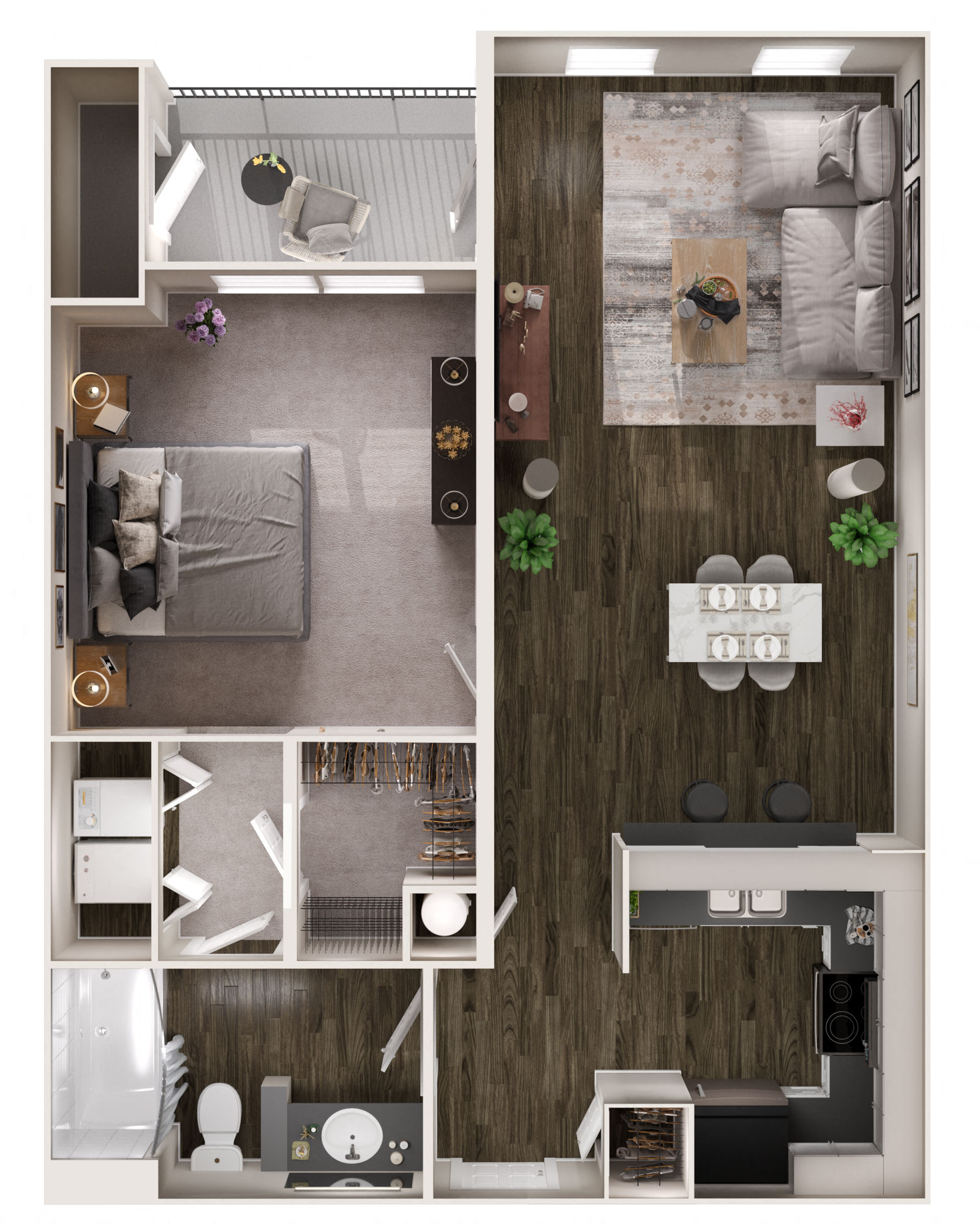 Floor plan for 1 bed, 1 bath, 716 sqft