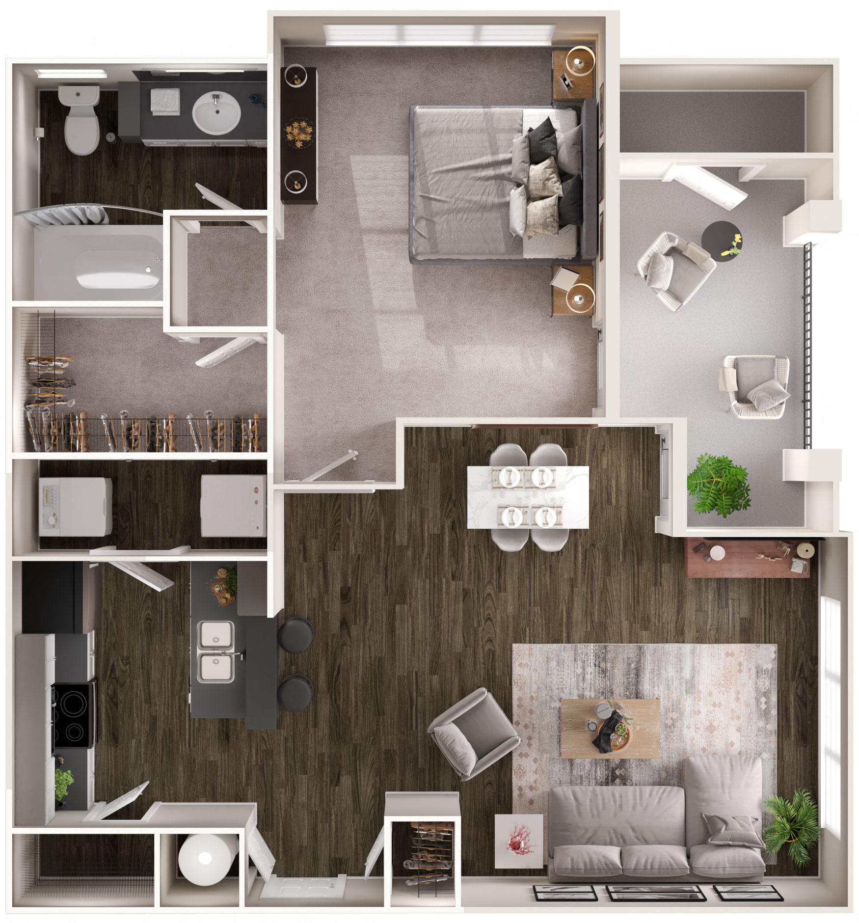Floor plan for 1 bed, 1 bath, 744 sqft