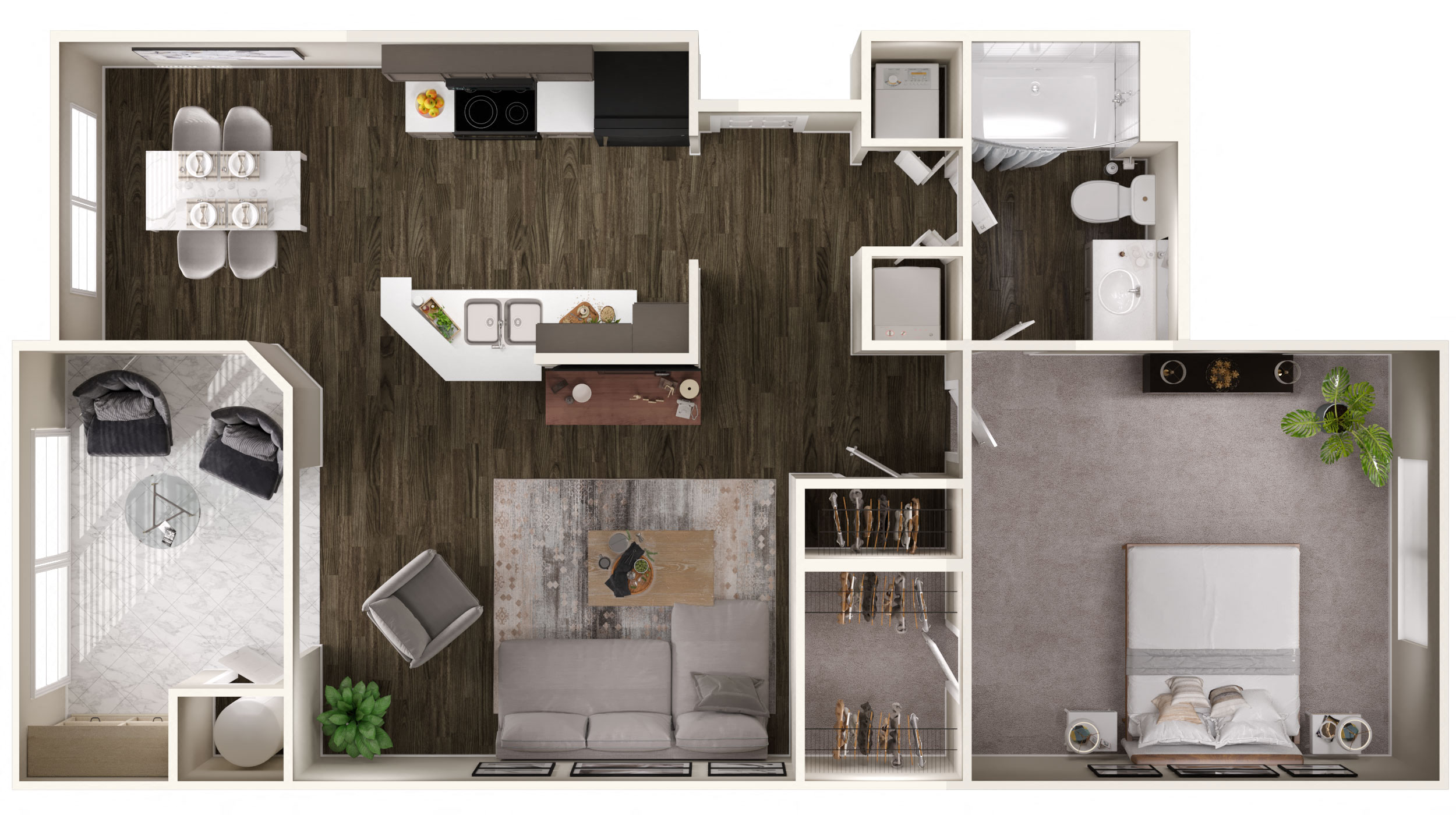 Floor plan for 1 bed, 1 bath, 833 sqft