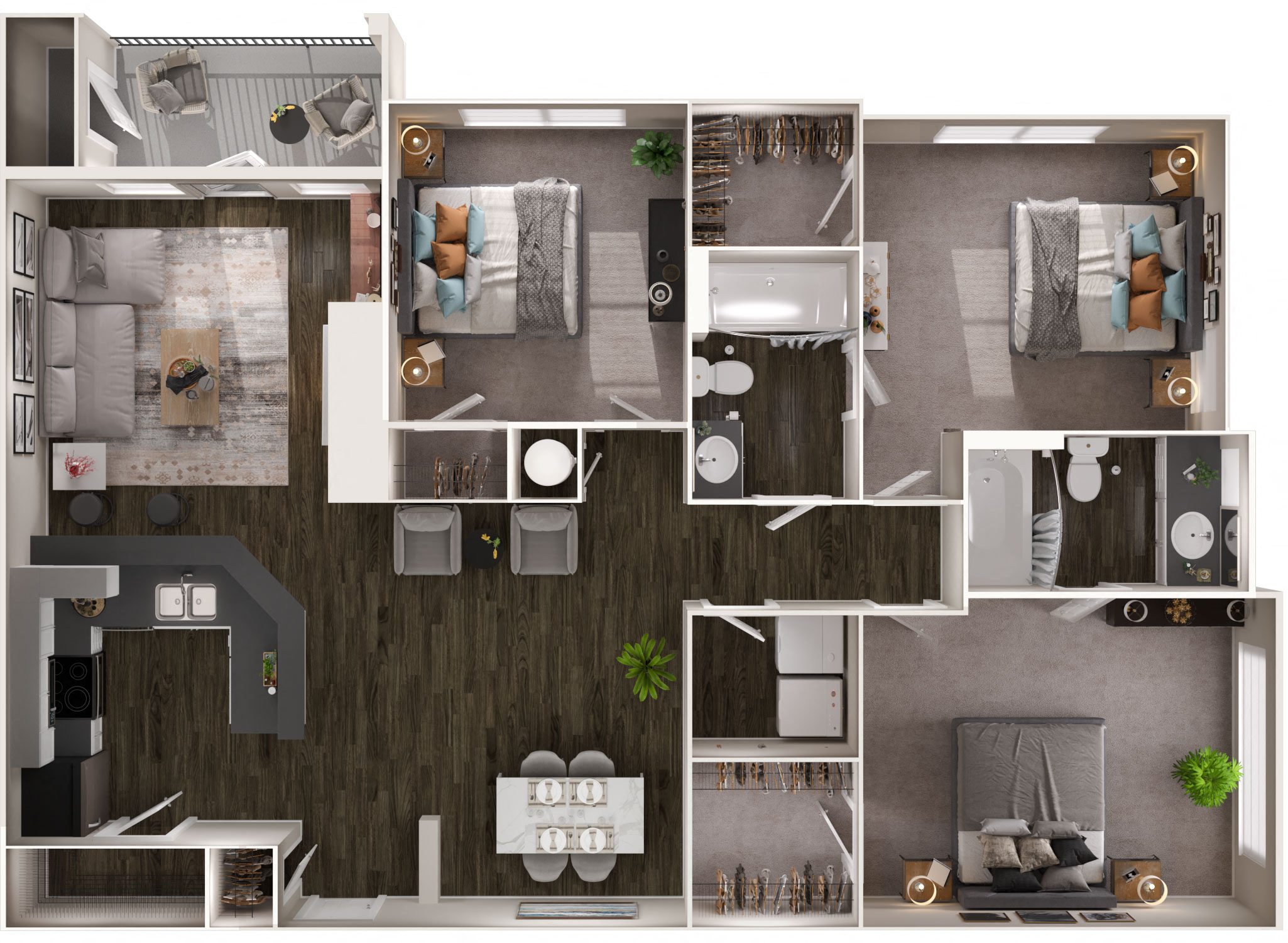 Floor plan for 3 beds, 2 baths, 1390 sqft