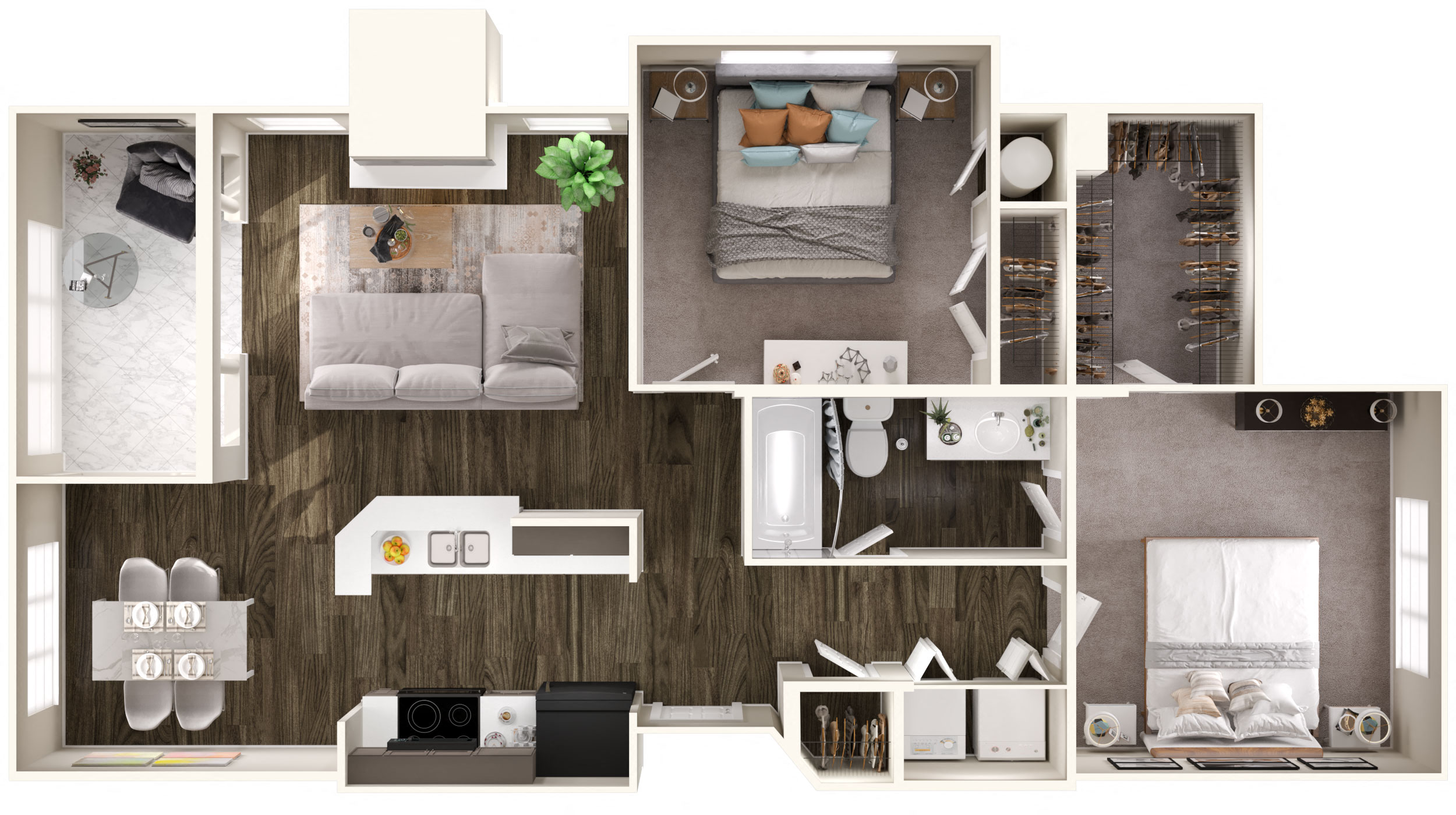 Floor plan for 2 beds, 1 bath, 1070 sqft