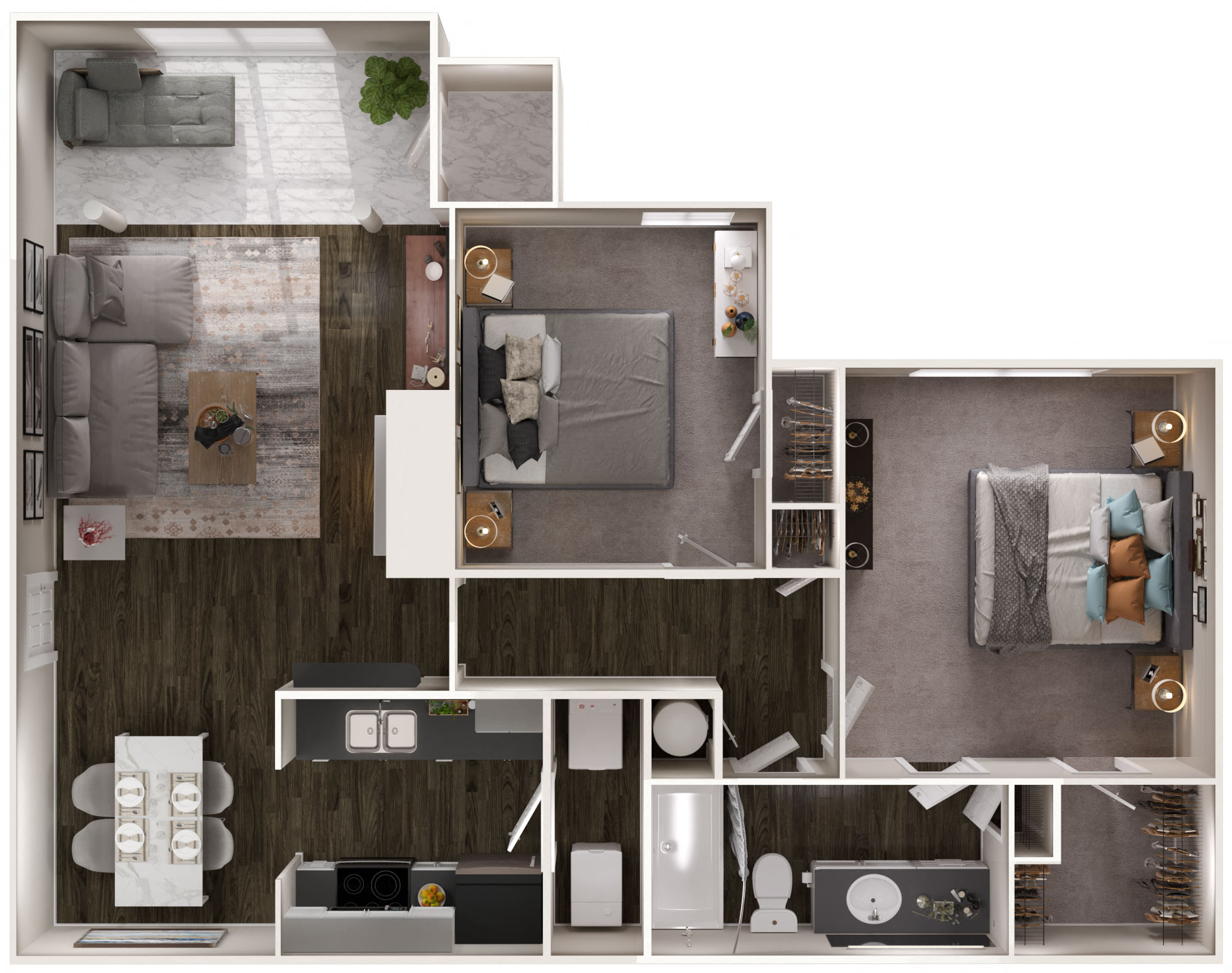 Floor plan for 2 beds, 1 bath, 929 sqft