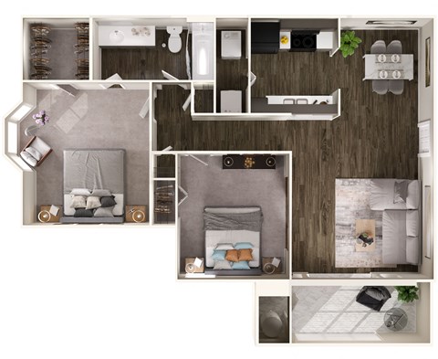 Floor plan for 2 beds, 1 bath, 939 sqft