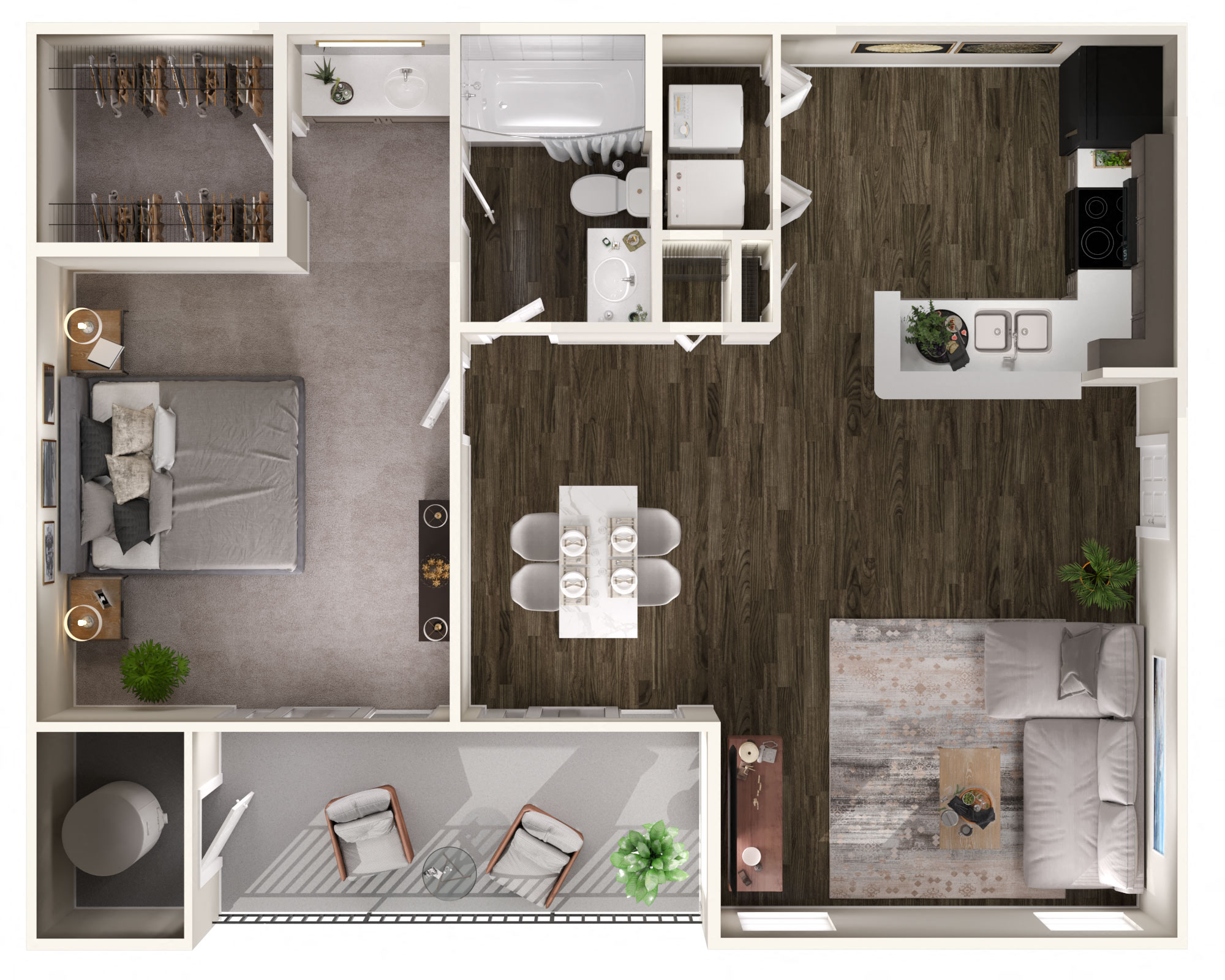Floor plan for 1 bed, 1 bath, 730 sqft