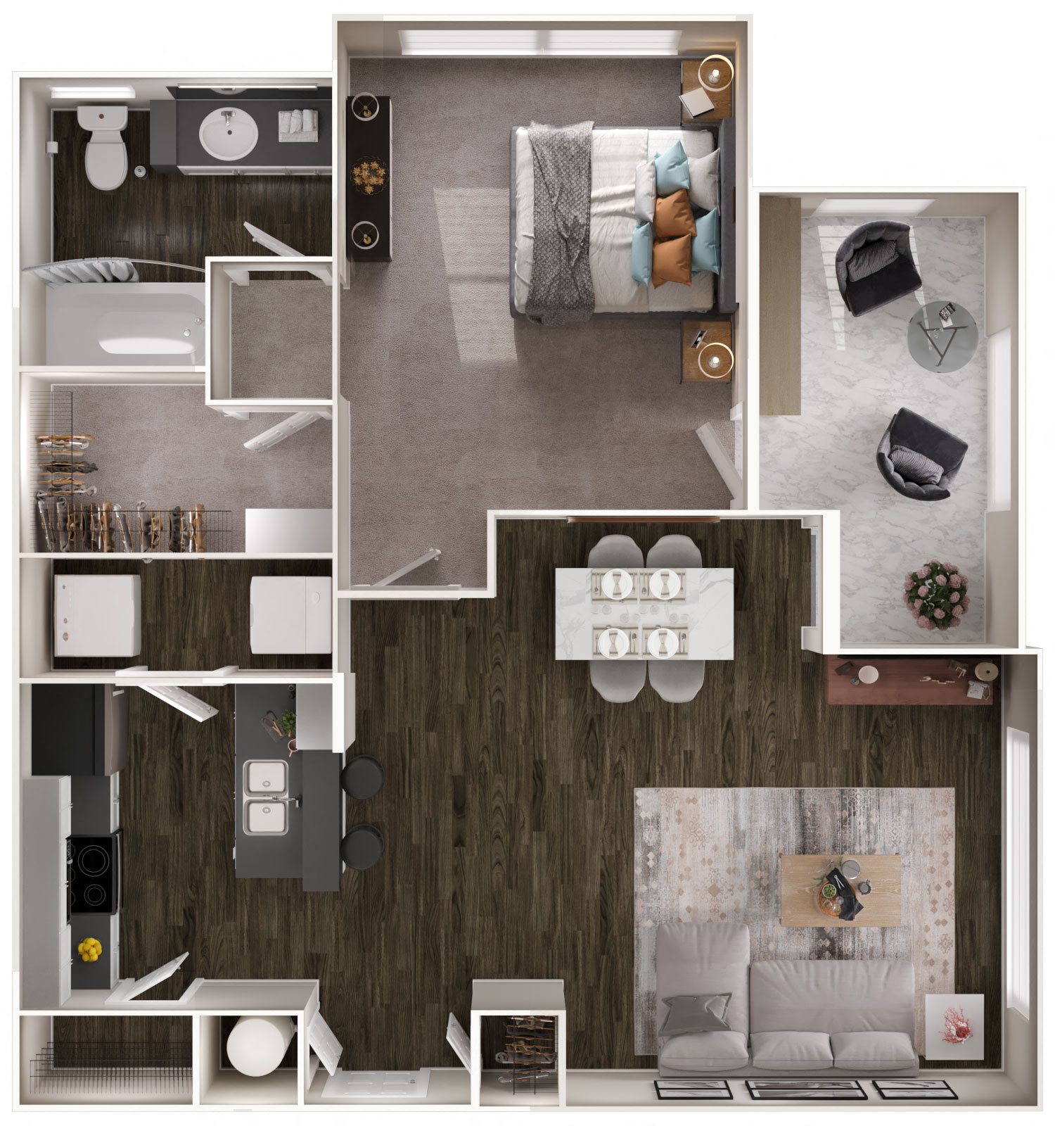 Floor plan for 1 bed, 1 bath, 879 sqft