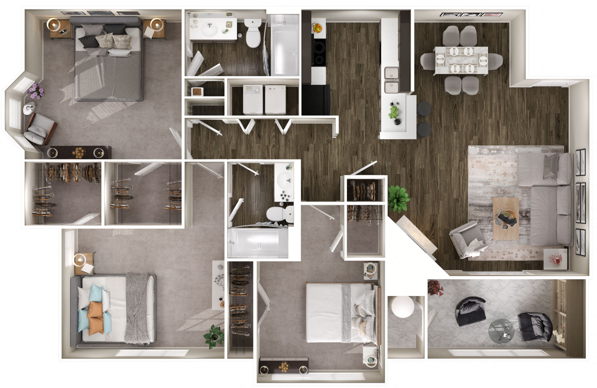 Floor plan for 3 beds, 2 baths, 1391 sqft