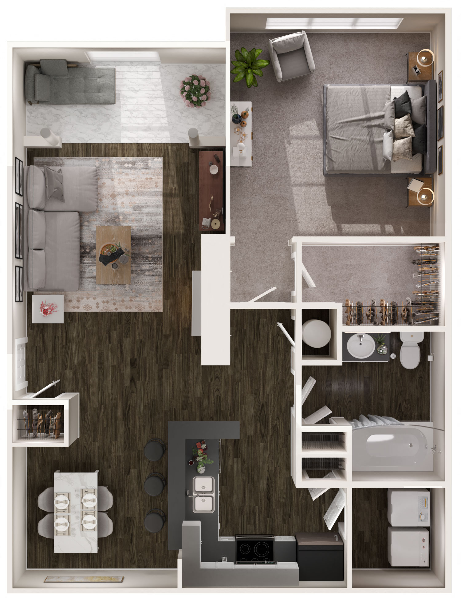 Floor plan for 1 bed, 1 bath, 879 sqft