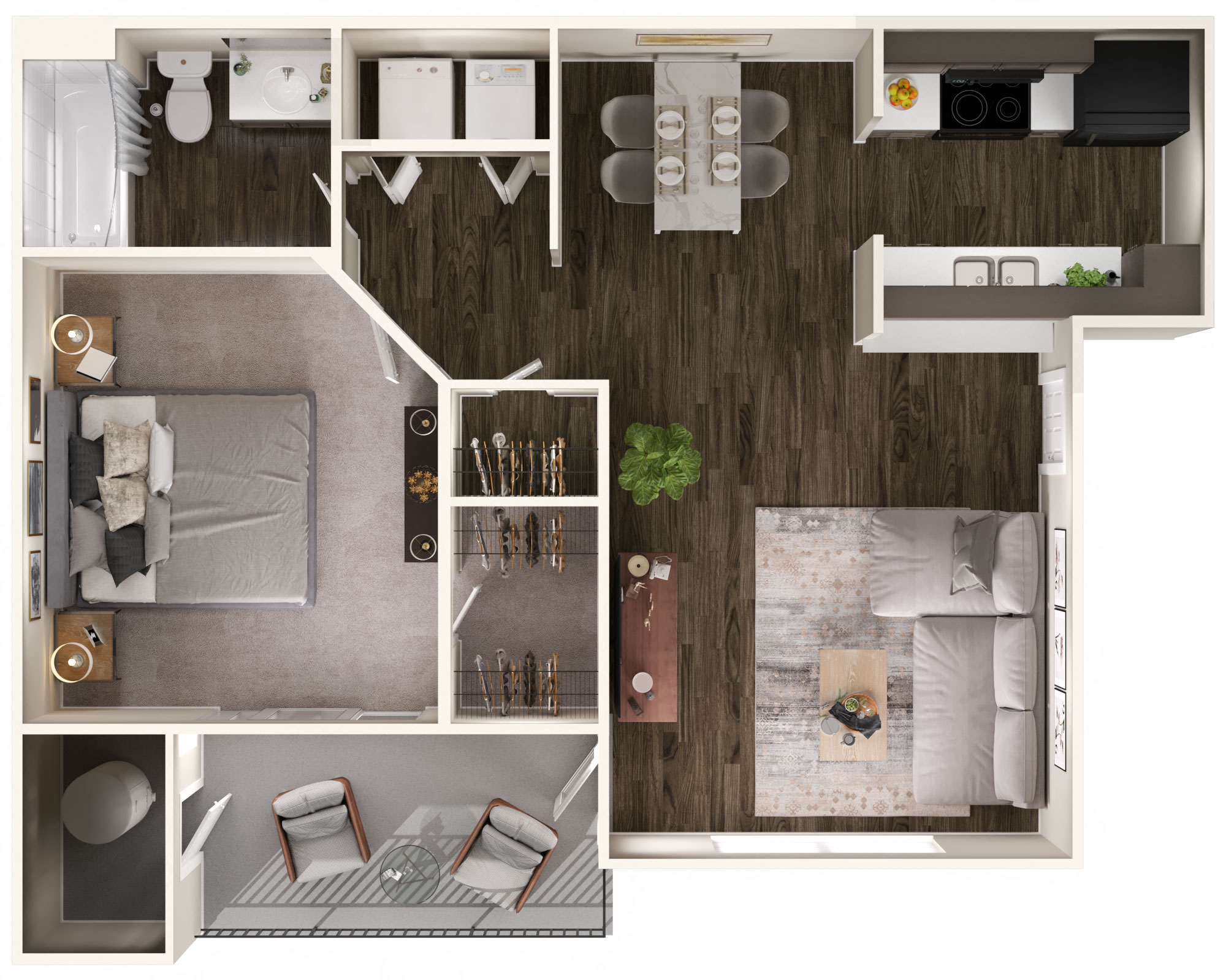 Floor plan for 1 bed, 1 bath, 683 sqft