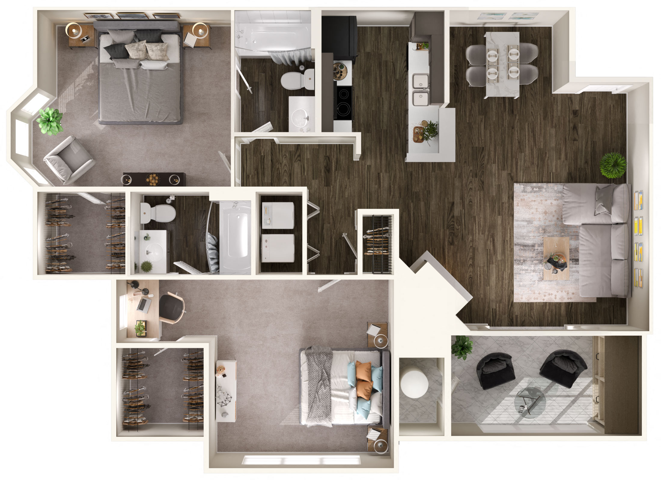 Floor plan for 2 beds, 2 baths, 1133 sqft